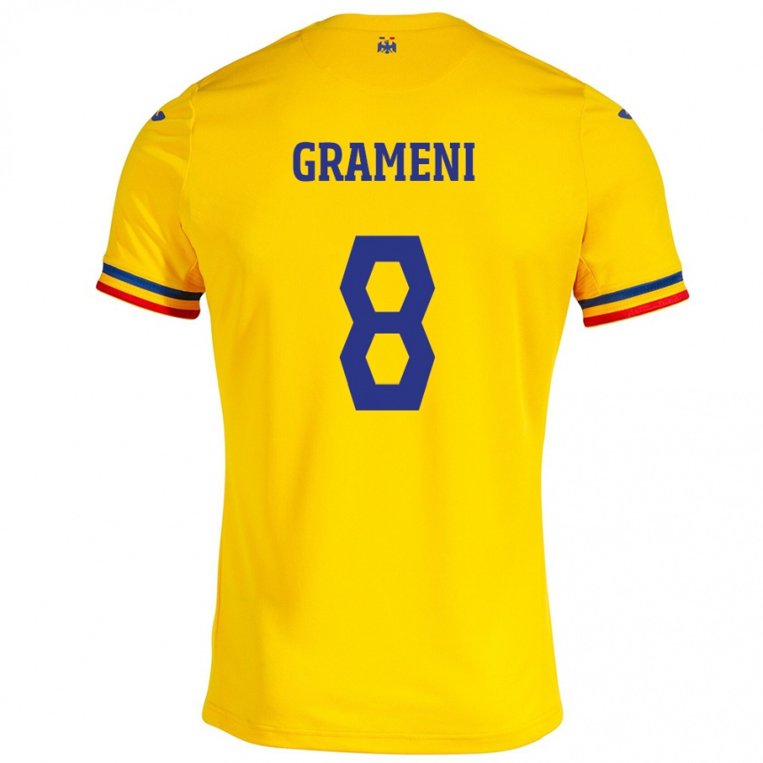 Barn Fotball Romania Constantin Grameni #8 Gul Hjemmetrøye Drakt Trøye 24-26 Skjorter