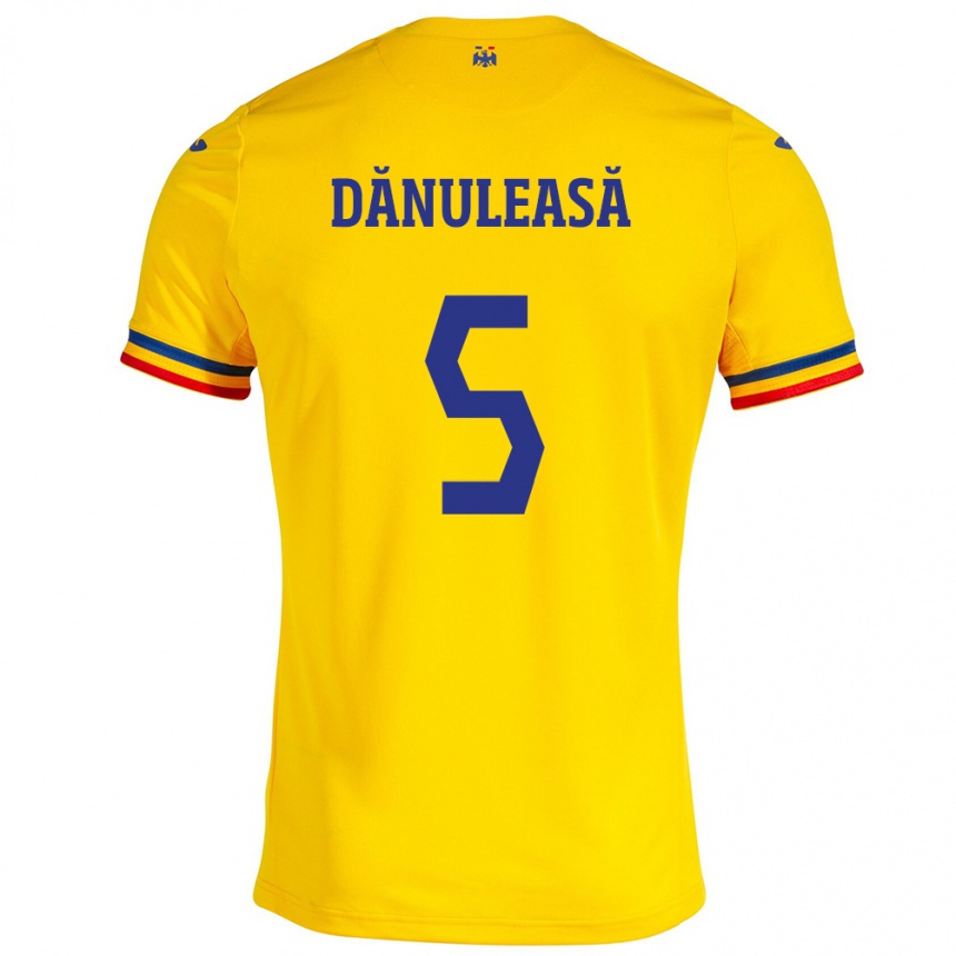 Barn Fotball Romania Gabriel Dănuleasă #5 Gul Hjemmetrøye Drakt Trøye 24-26 Skjorter