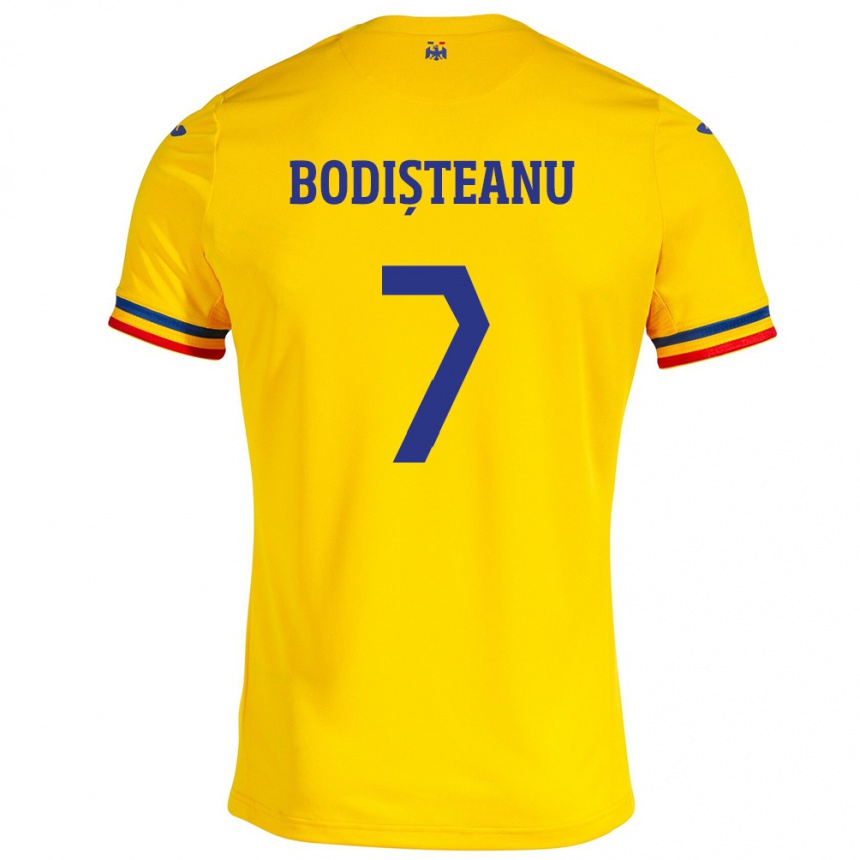 Barn Fotball Romania Ștefan Bodișteanu #7 Gul Hjemmetrøye Drakt Trøye 24-26 Skjorter