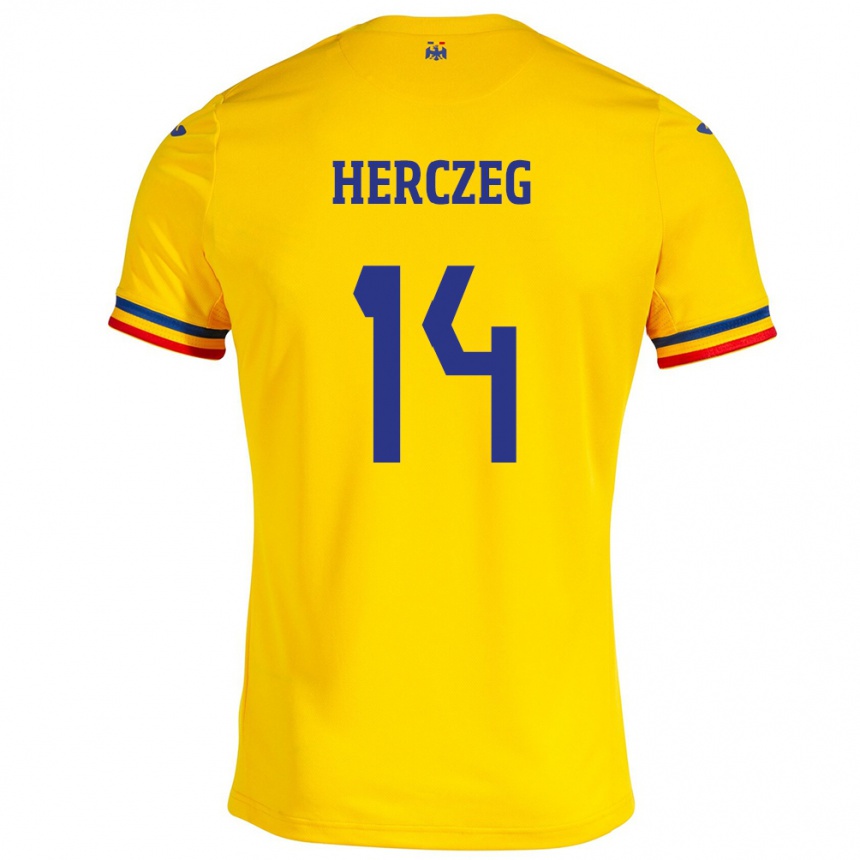 Barn Fotball Romania Andrea Herczeg #14 Gul Hjemmetrøye Drakt Trøye 24-26 Skjorter