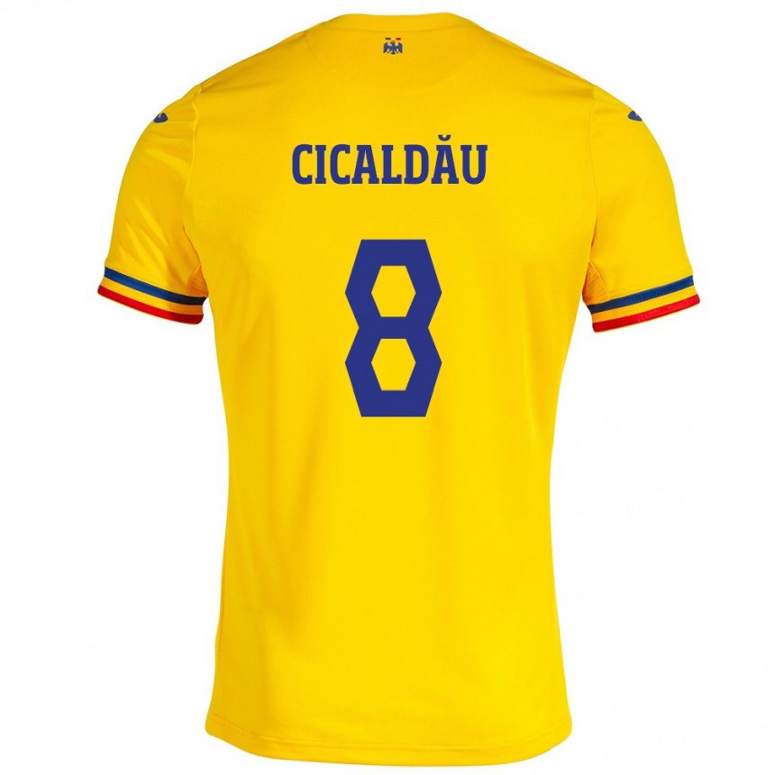 Mann Fotball Romania Alexandru Cicâldău #8 Gul Hjemmetrøye Drakt Trøye 24-26 Skjorter