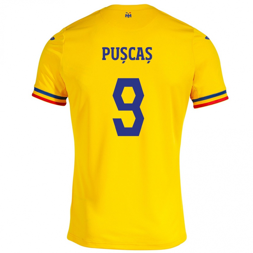 Mann Fotball Romania George Pușcaș #9 Gul Hjemmetrøye Drakt Trøye 24-26 Skjorter