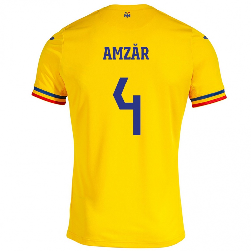 Dame Fotball Romania Costin Amzăr #4 Gul Hjemmetrøye Drakt Trøye 24-26 Skjorter