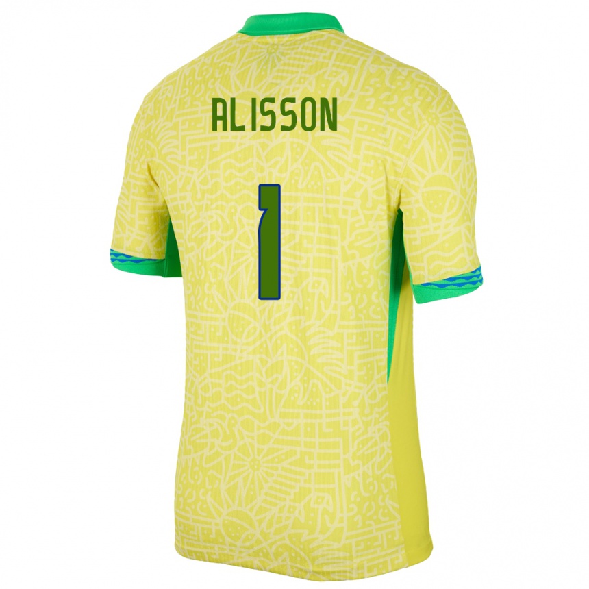 Barn Fotball Brasil Alisson #1 Gul Hjemmetrøye Drakt Trøye 24-26 Skjorter