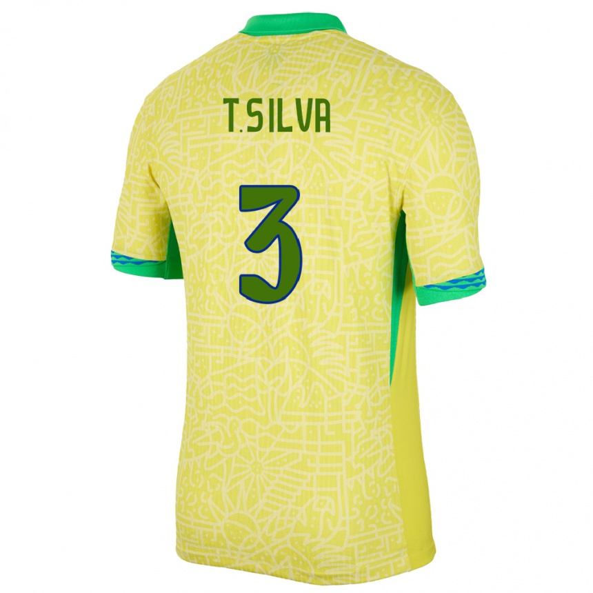 Barn Fotball Brasil Thiago Silva #3 Gul Hjemmetrøye Drakt Trøye 24-26 Skjorter