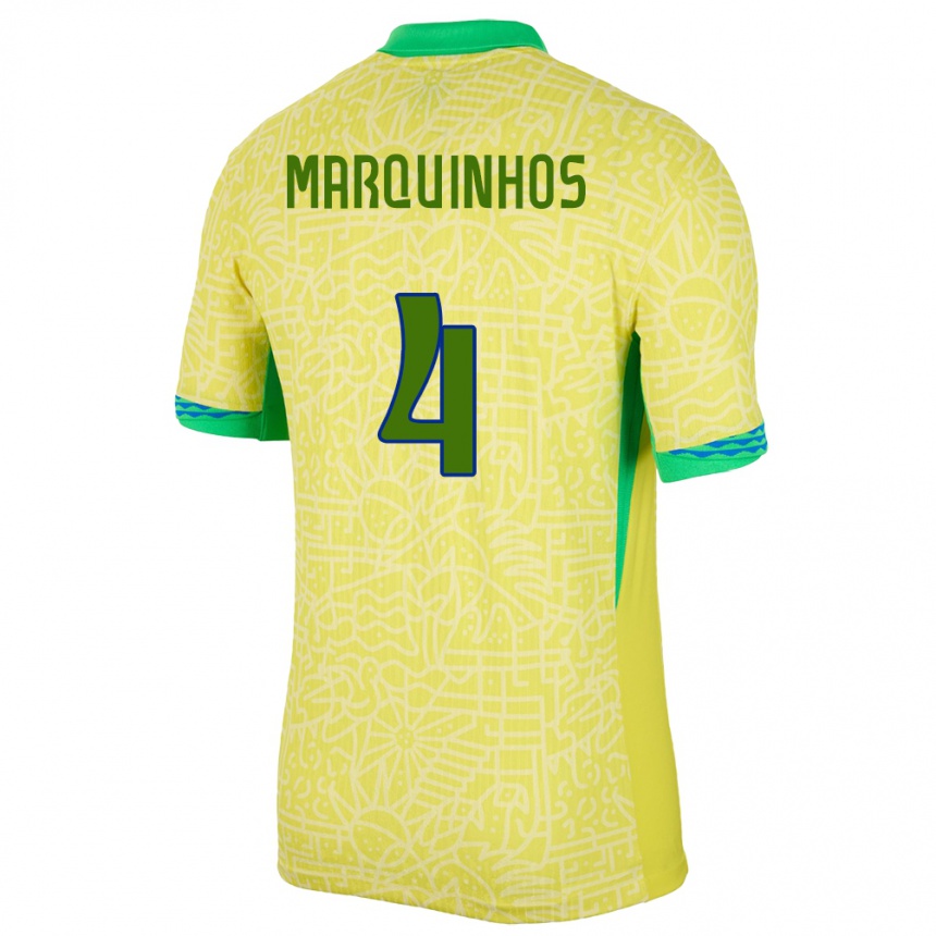 Barn Fotball Brasil Marquinhos #4 Gul Hjemmetrøye Drakt Trøye 24-26 Skjorter