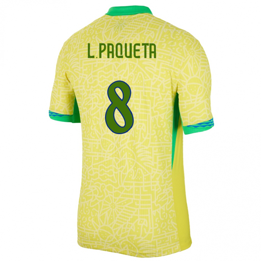 Barn Fotball Brasil Lucas Paqueta #8 Gul Hjemmetrøye Drakt Trøye 24-26 Skjorter