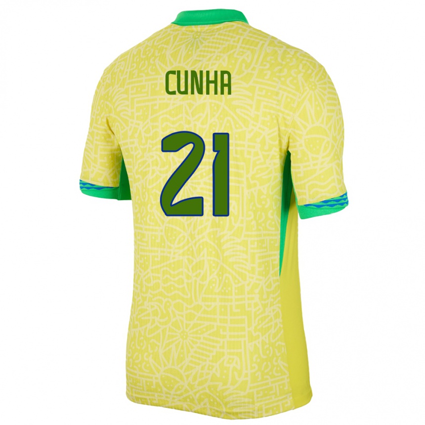 Barn Fotball Brasil Matheus Cunha #21 Gul Hjemmetrøye Drakt Trøye 24-26 Skjorter