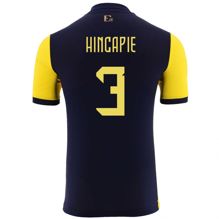 Barn Fotball Ecuador Piero Hincapie #3 Gul Hjemmetrøye Drakt Trøye 24-26 Skjorter