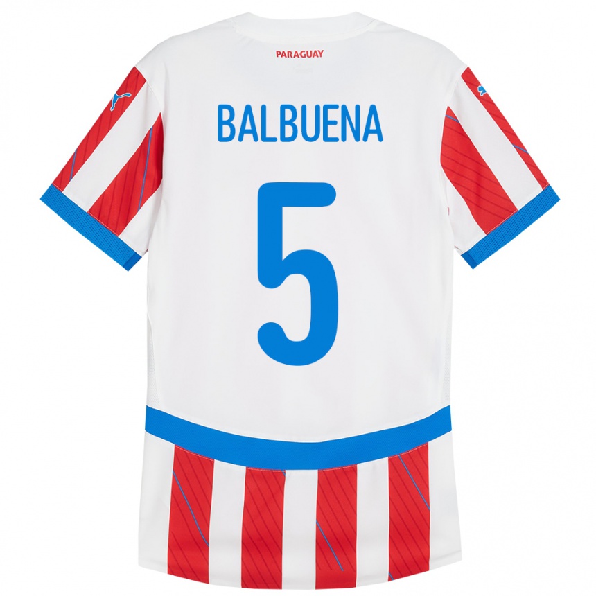 Barn Fotball Paraguay Fabián Balbuena #5 Hvit Rød Hjemmetrøye Drakt Trøye 24-26 Skjorter