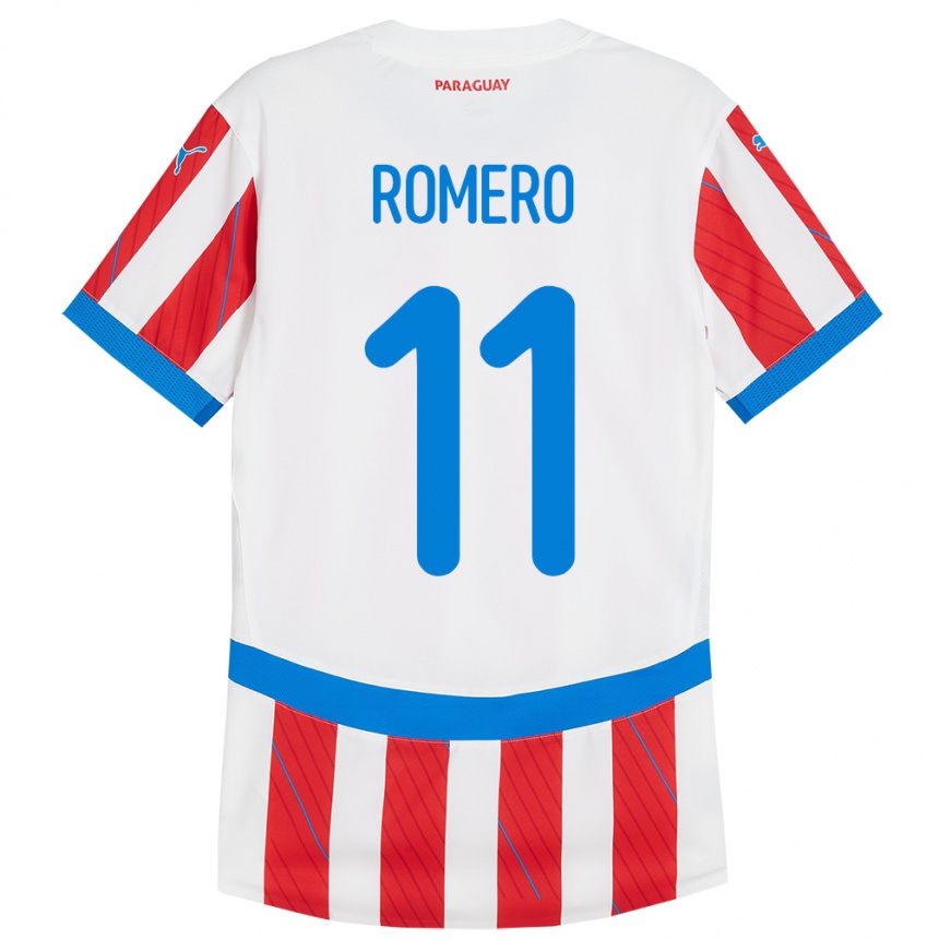 Barn Fotball Paraguay Ángel Romero #11 Hvit Rød Hjemmetrøye Drakt Trøye 24-26 Skjorter