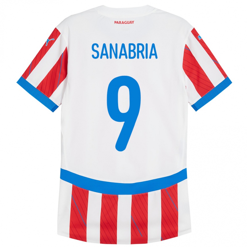 Barn Fotball Paraguay Antonio Sanabria #9 Hvit Rød Hjemmetrøye Drakt Trøye 24-26 Skjorter