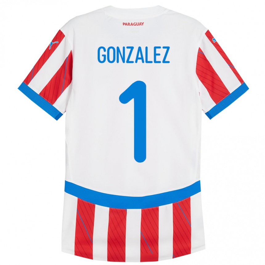 Barn Fotball Paraguay Ángel González #1 Hvit Rød Hjemmetrøye Drakt Trøye 24-26 Skjorter