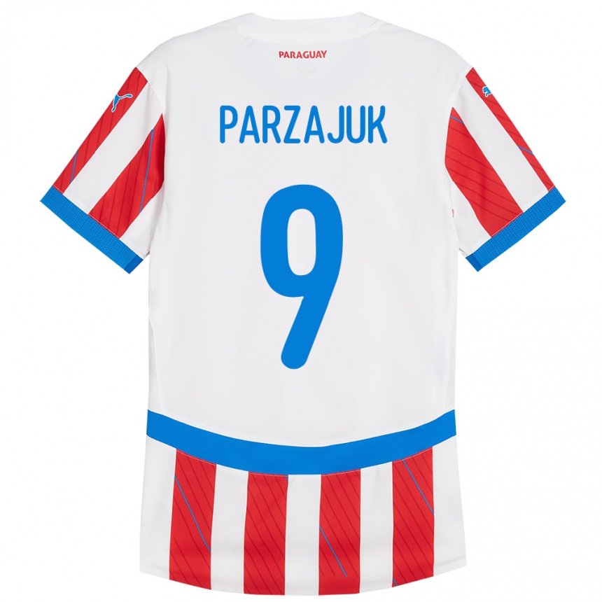 Barn Fotball Paraguay Kevin Parzajuk #9 Hvit Rød Hjemmetrøye Drakt Trøye 24-26 Skjorter