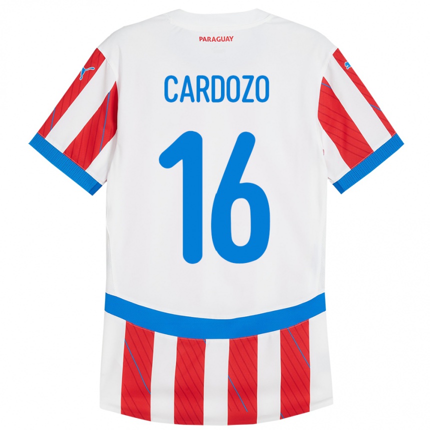 Barn Fotball Paraguay Juan Cardozo #16 Hvit Rød Hjemmetrøye Drakt Trøye 24-26 Skjorter