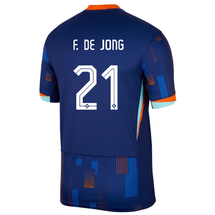 Barn Fotball Nederland Frenkie De Jong #21 Blå Bortetrøye Drakt Trøye 24-26 Skjorter