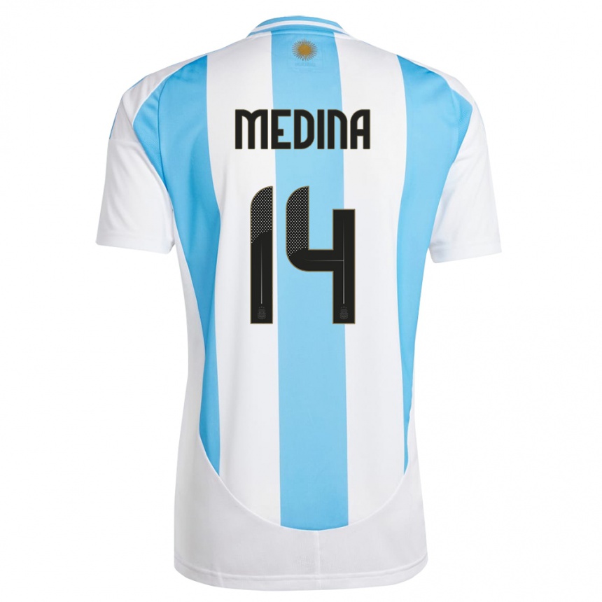 Mann Fotball Argentina Facundo Medina #14 Hvit Blå Hjemmetrøye Drakt Trøye 24-26 Skjorter