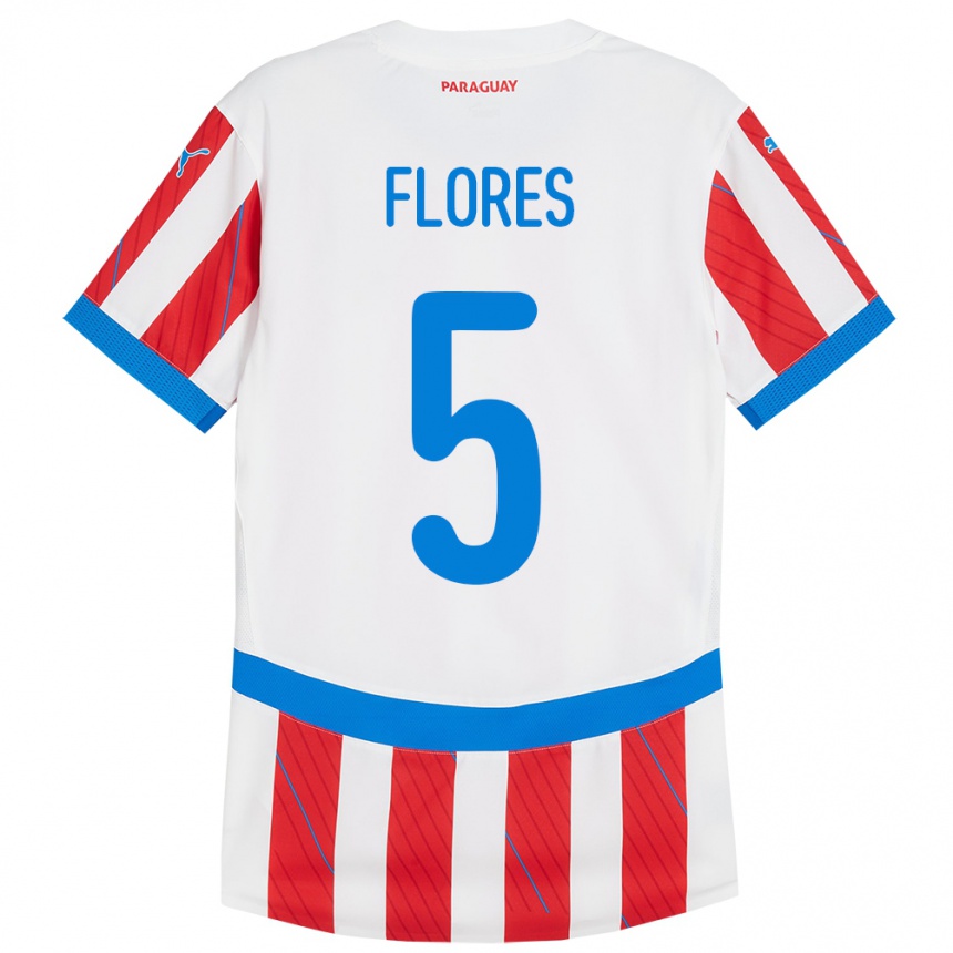 Mann Fotball Paraguay Gilberto Flores #5 Hvit Rød Hjemmetrøye Drakt Trøye 24-26 Skjorter