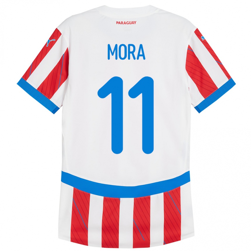 Mann Fotball Paraguay Jorge Mora #11 Hvit Rød Hjemmetrøye Drakt Trøye 24-26 Skjorter