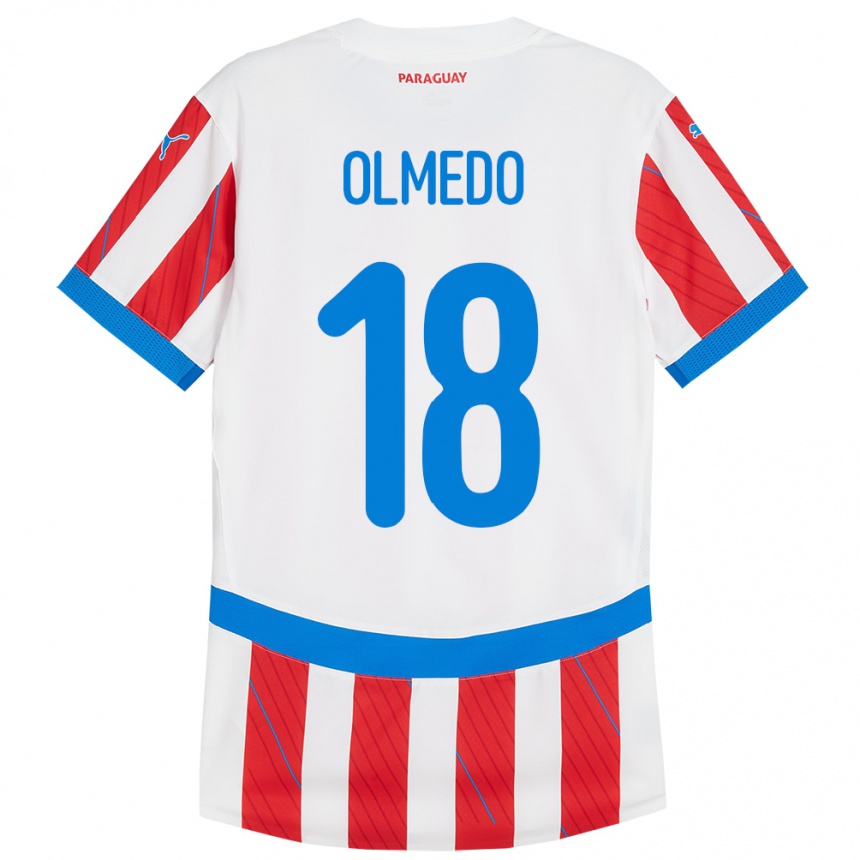 Dame Fotball Paraguay Cesar Olmedo #18 Hvit Rød Hjemmetrøye Drakt Trøye 24-26 Skjorter