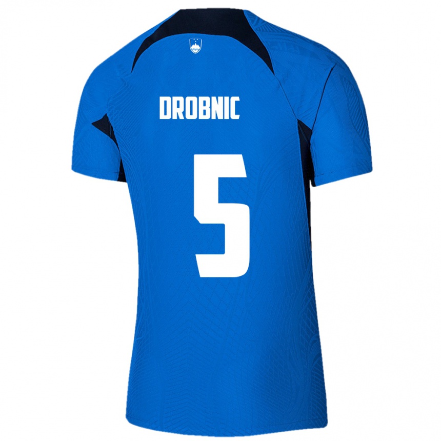 Dame Fotball Slovenia Dominik Drobnic #5 Blå Bortetrøye Drakt Trøye 24-26 Skjorter